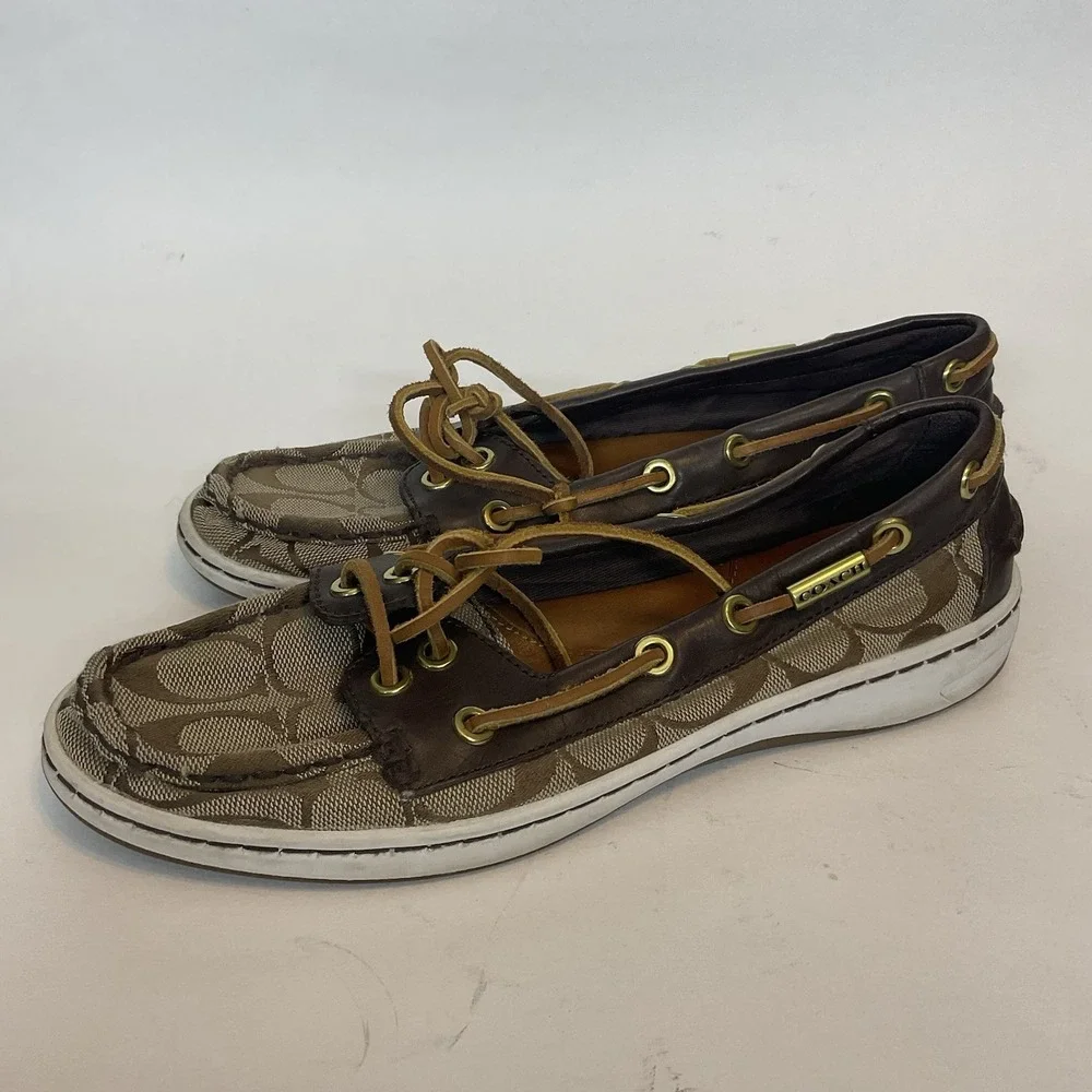 Coach Richelle Topsider Boat Shoes Canvas Leather‎ brown Womens Size 7B Monogram